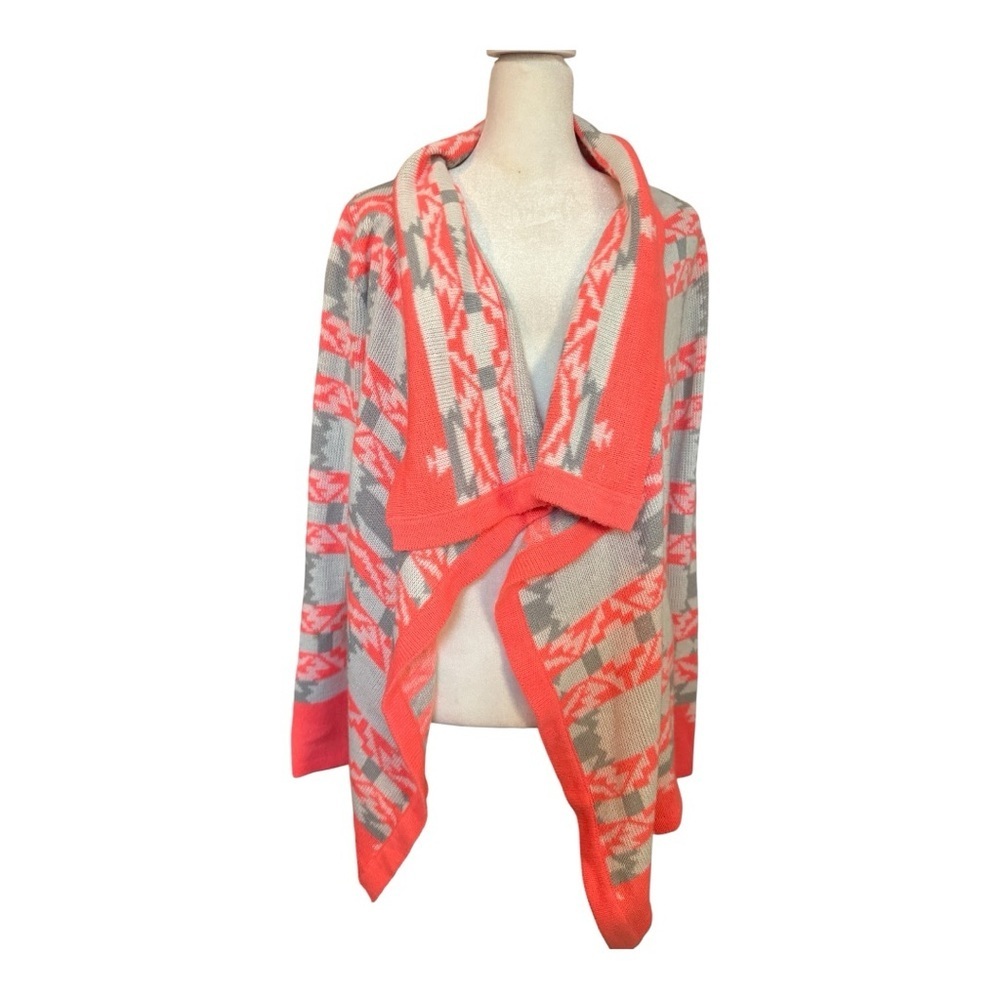 B. Sharp Women’s Neon Orange Gray Aztec Open Front Cardigan Small